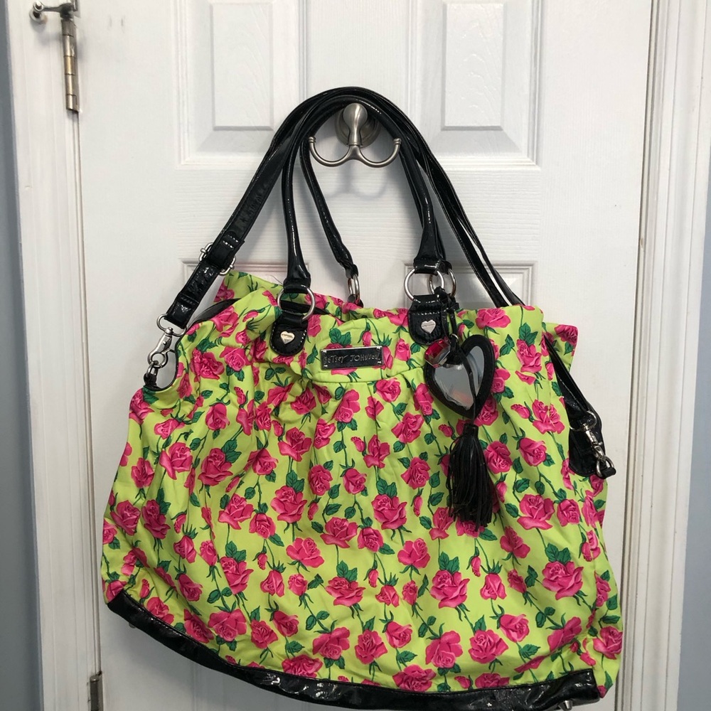 Betsey Johnson Floral Tote Bag Large Black Trim Pink Roses Neon - Picture 2 of 16